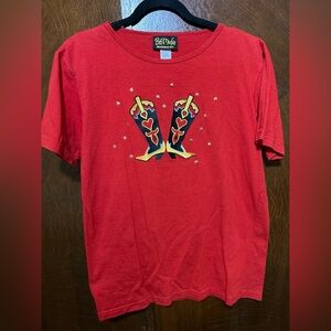 Bob Mackie Red T-Shirt with embroidered cowgirl boots size small